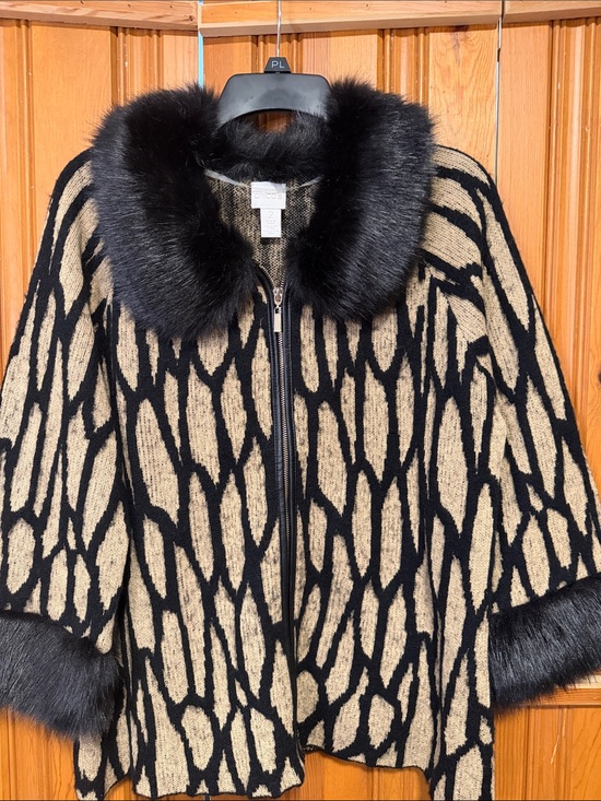 Chico's Jackets & Blazers - Black & Beige Faux Fur-Trim Zip Front Women's Sweater